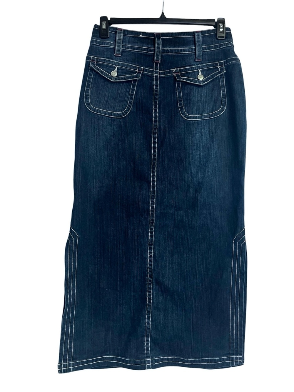 Vezucci Stretch Blue Denim Maxi Skirt 4 Button Flap Pockets Side Slits size 8
